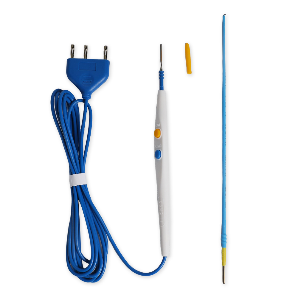 Lápiz de electrodo quirúrgico desechable tipo interruptor manual de acero inoxidable con revestimiento antiadherente y hoja de gancho de 250 mm